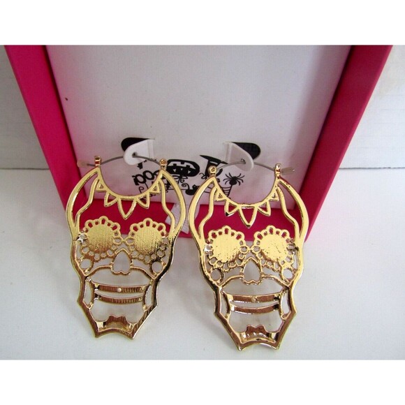 Piper K Sugar Skull Earrings Gold Tone Black Eye Large Statement Jewelry NIB - Picture 3 of 4